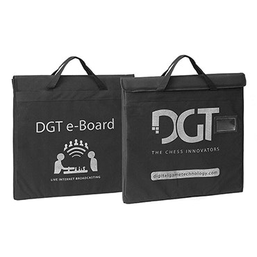 Two black bags with DGT logos in grey over white background