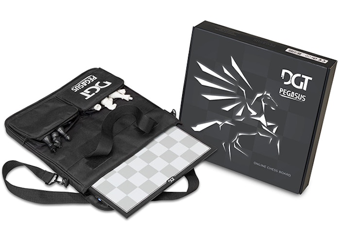 black chess board bag with pieces in black and white box